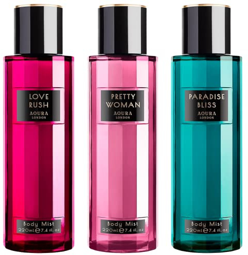 Aoura London Womens Pretty Woman, Paradise Bliss, Love Rush Body Mist Mixed Fragrance Spray 220ml Bundle (Pack of 3)