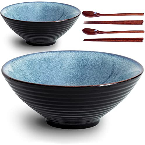 Auanlay 9 Inch Ceramic Large Ramen Bowl Set of 2, Porcelain 60 oz Japanese Udon Soba Pho Asian Soup Noodle Bowls with Chopsticks and Spoons