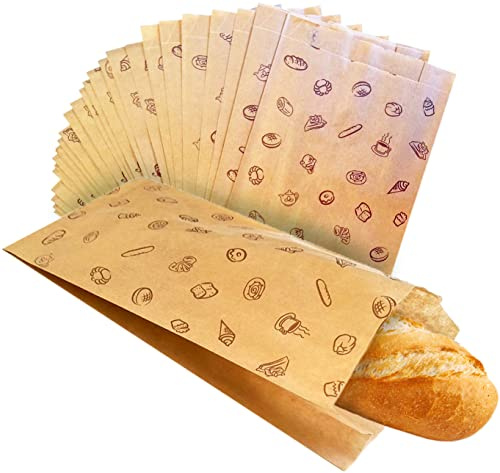 200 Bolsas bocadillo papel kraft. Varios tamaños, dibujo impreso para bocata pan baguette almuerzo bolleria pasteleria desayuno merienda chuches galletas fruta (25x15cm 200uds)