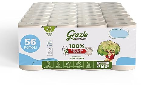 Grazie Natural Toilettenpapier, EcoNatural, 56 Rollen, recyceltes Toilettenpapier Fiberpack, 100% umweltfreundlich, umweltfreundlich, zertifiziert mit Ecolabel und FSC Recycled, Made in Italy