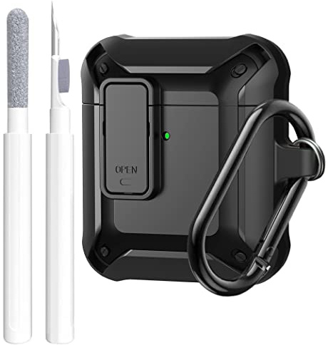 Airpods-Schutzhülle für Herren, Schloss mit Reinigungsset, OTOPO Schutzhülle mit Reinigungsstift, kompatibel mit Apple-Airpod 1/2-Hülle, stoßfeste robuste Schale für iPod-Hülle (Schwarz)
