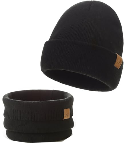AHAHA Baby Beanie für Mädchen und Jungen Warm Baby Wintermütze Schal Ultraleichte Weich Beanie Schal Set Kinder Schwarz M