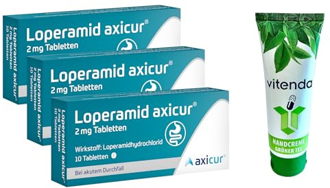 Loperamid Axicur 2mg 3x10 Tabletten incl. einer Handcreme von vitenda - schnelle Hilfe bei akutem Durchfall mit dem bewährten Wirkstoff Loperamidhydrochlorid, ideal für die Reiseapotheke