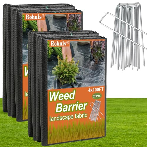 Rohuis 4ft x 100ft Weed Barrier Landscape Fabric, Heavy Duty Woven Ground Cover for Garden, Weed Control Mat for Gardening Driveway Landscaping, Weed Blocker Cloth with 20 U-Shaped Securing Pegs