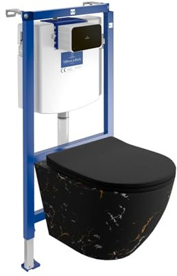 Lavita ViConnect H112 Vorwandelement Unterputz WC mit Bedienplatte + Wand Hänge Tiefspül WC Sofi Slim Fire Schwarz Spülrandlos + WC Sitz Komplettset Unterputz Spülkasten Toilette Komplett Sett WC