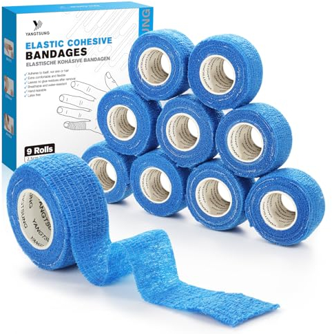 YANGTSUNG Selbstklebender Verband, 9 Rollen 2,5 cm x 4,5 m Pflaster Rolle Verbandsmaterial, Elastische Binde Bandage Fixierbinde Haftbandage Selbstklebend für Sport, Pet Vet Wrap für Pferd Dog(Blau)
