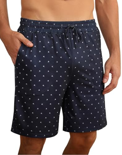Demegimi Short Pyjama Homme Coton Pantalon Court avec Poches Bermuda Bas de Pyjama de Nuit Élastique Ajustable à Motif