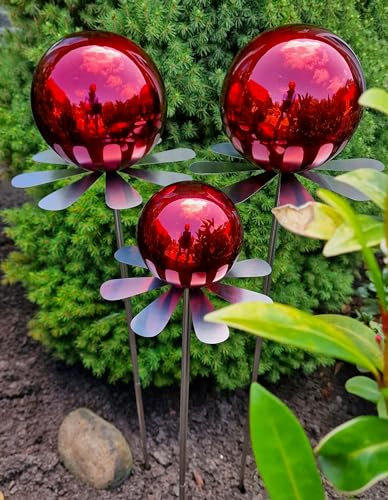 Jürgen Bocker Garten-Ambiente Blütenzauber Rotterdam 3er Set Rosenkugel 15/15/10 cm Edelstahl Gartenstecker Deko mit Stab 80 cm (rot poliert)