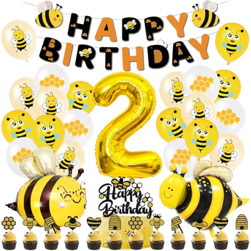 Biene Geburtstagdeko Set, Deko 2. Geburtstag Biene Folienballons, Bienen Luftballon mit Happy Birthday Girlande, Tortendeko Geburtstag Bienen, Bee Balloon für 2 Jahre Geburtstagsdeko