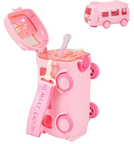 EliphonTowne Kids Water Bottle with Straw - 500ml Leakproof Bus Water Bottle Kids, Cars Water Bottles with Adjustable Strap, Children Friendly Girls Boys for Home/School/Travel Use - Pink 0604