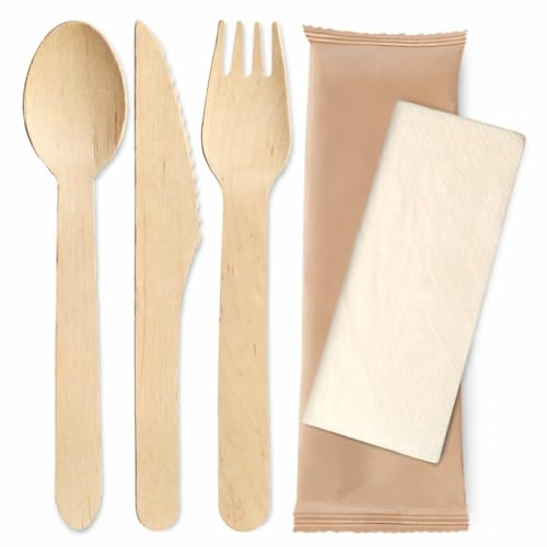 Eco Leaf 200pcs Wooden Cutlery Set | Disposable Biodegradable Eco Friendly Bamboo Spoons for Picnic, Party, Wedding | Compostable Cutlery Pack - 50 Forks, 50 Knives, 50 Spoons, 50 Napkins