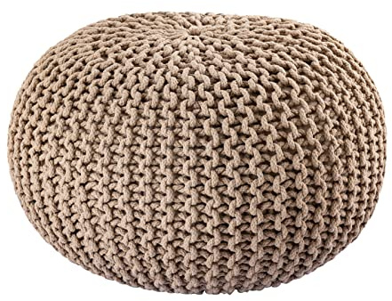 Abato Pouf Ø 55 cm Sitzpouf Strickhocker Sitzpouf Bodenkissen nachhaltig Grobstrick Optik, extra stabil, passend für jeden Wohnraum, fair gehandelt, 100% Baumwolle Naturmaterial (beige)