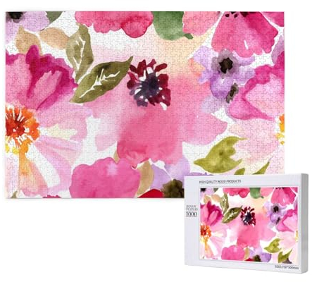 Aquarell Blumen Rosa Fuchsie, Puzzle 1000 Teile, Holzpuzzle, Spielzeug, Familienspiel, Wanddekoration für Erwachsene und Teenager