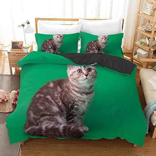 CHCHNXY BettwäSche 200x220,Grüne Katze 100% Microfaser 3D Print Bettbezug Mit 2 Kissenbezug 80x80cm Mit Reißverschluss,Weich Und Angenehme Bettwäsche Set Für Erwachsener