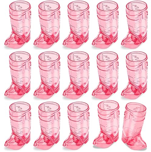 SAIAOKJ Cowboy Boot Shot Glasses, 15 Pcs 1 Oz Plastic Boot Cups (Rose Red) | Reusable mini plastic boot shot cups for cowgirl bachelorette parties, western birthdays, game nights and cowboy party favors