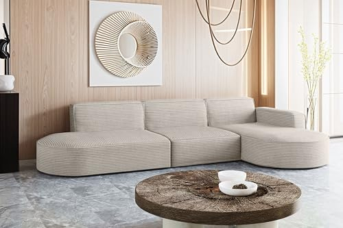 Kaiser Möbel - Ecksofa mit Wohnlandschaft, Eckcouch L Form, Sofa 3-sitzer, Polstersofa, Bigsofa, Bequemes Couch mit Ottomane für Wohnzimmer, Relaxsofa, Stilvolles Cord Sofa, Modena L, Beige, Rechts