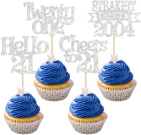 Ephlyn 24Pcs 21st Birthday Cupcake Toppers Glitter Straight Outta 2004 Cupcake Picks Hello 21 Cheers to 21 Years Cake Decorations for 21st Birthday Anniversary Party Decorations Supplies Silver