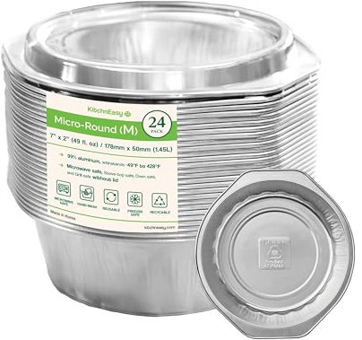 7 Round Aluminum Pans +Lids | 49oz, 7x2 | 3X Thick, Reusable | Microwave, Oven, Air Fryer, and Grill Safe| Ideal for Camping, Lunch Box, and Meal Prep | For Pasta, Mac and Cheese, and Lasagna (24)