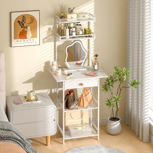 3IngSeagulls Kleiner Schminktisch ohne Spiegel, Make-up-Schminktisch für kleinen Raum, kompakter weißer Schminktisch mit Stoffschubladen, Make-up-Schminktisch mit Stauraum für Schlafzimmer, Weiß, 60