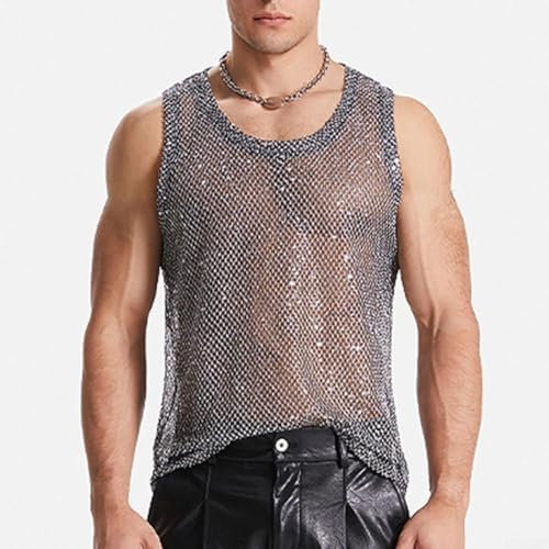 Besttoolifes Camiseta sin mangas de malla sexy para hombre, con purpurina, transparente, chaleco de red, sin mangas, cuello redondo, brillante, ropa de club, vacaciones, uso diario (XL gris)