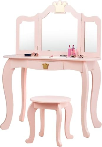 FANTASK Tavolo da toeletta per bambini in legno, con sgabello, colore rosa, tavolo per bambini con cassetto e specchio rimovibile
