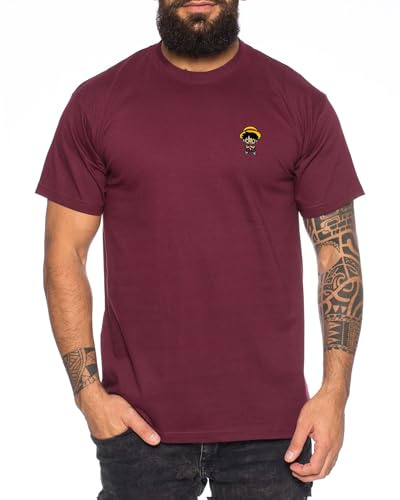 Ruffy Icon Straw Hat Besticktes Herren T-Shirt - Manga Stick Pirat Anime One, Farbe:Weinrot, Größe:XL