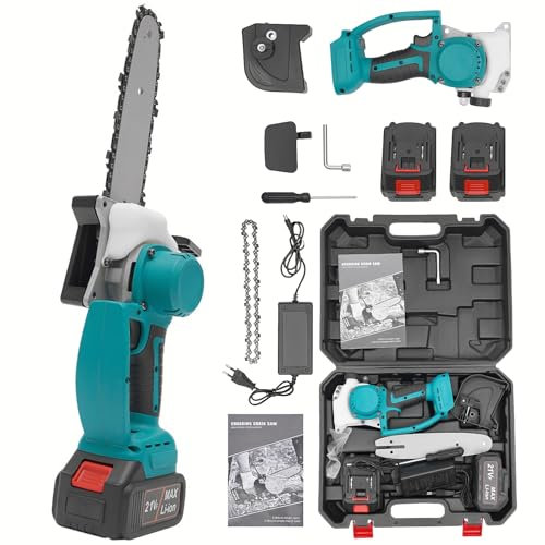 Garbenat Mini motosierra de 8 pulgadas con batería, 1200 W, motosierra eléctrica con motor sin escobillas, sierra de cadena profesional para tijeras de jardín (2 baterías de 21 V y 4,0 Ah)