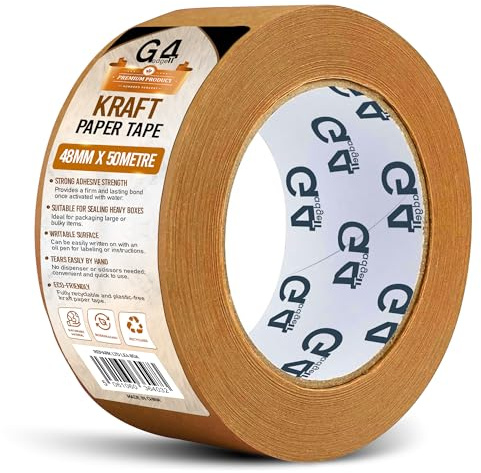 G4GADGET Kraft Paper Packing Tape 48mm x 50m | Brown Paper Parcel Tape | Recyclable Packaging Tape | Strong Self Adhesive Paper Tape for Boxes, Moving & Shipping