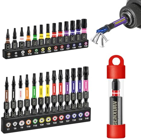 GEINXURN Set di punte per cacciavite Torx T7-T40, 25 mm, lunghezza 50 mm, codolo esagonale S2, in lega di acciaio, con 1 pezzo, supporto magnetico da 60 mm, codice colore ultra