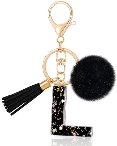 MWOOT Initiale Letter Keychains Porte Clé Lettre L,Porte-clés Étoile, Alphabet Initial Keyring avec Pompon Pendentif,Porte-clés Noir Key Ring pour Femmes Portefeuilles Bagages Charme (L)