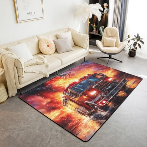 Homemissing Feuerwehr Teppich 150x200cm Kinder Feuerwehr Auto Fahrzeug Wohnzimmerteppich für Kinder Jungen Mädchen Feuerwehr Küchenteppich Feuerwehr Modern Teppich Wohnzimmerteppich