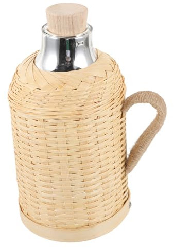 Mikikit Botella Térmica Retro De 1,3l Funda De Bambú Tejido Oscuro, Interior De Vidrio, Hervidor Térmico Asa Para Hogar y Oficina, Diseño Aislante y Portátil, 1 Unidad