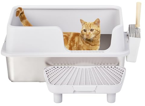 Bonnlo XXL Cat Litter Trays, 61x40x33cm Cat Litter Box With Scoop And Filter Pedal, Stainless Steel, Extra Large High Sided Enclosure For Big Cats, Anti-Tracking, Easy Clean, Grey (Top-Entry)