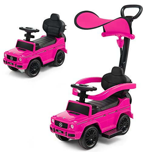 COSTWAY Mercedes Benz Rutschauto, 3 in 1 Rutscher Auto mit Sonnendach & Stauraum & abnehmbaren Schutzbügel & Schiebestange, Rutschfahrzeug mit Motorsound & Hupe, für Kinder ab 1 Jahr (Rosa)
