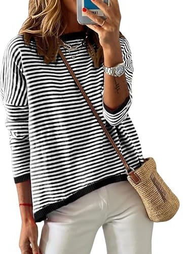 Wayleb Jersey Mujer Invierno Cuello Redondo Manga Larga Rayas Jerséis de Punto para Mujer Elegante Ligero Suéter Casual Suaves Tops Cálidos