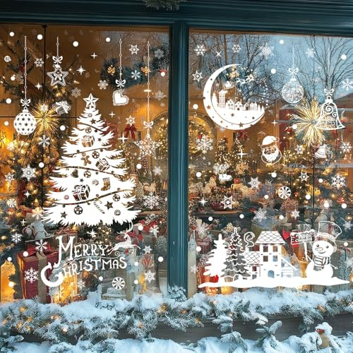 Joeyan 9 Stück Fensterbilder Weihnachten Schneeflocken Selbstklebend, Weiß Fensterdeko Weihnachts, Fensteraufkleber Wiederverwendbar,Fenstersticker mit Häuser Kugeln für Winter Weihnachtsdeko (202pcs)
