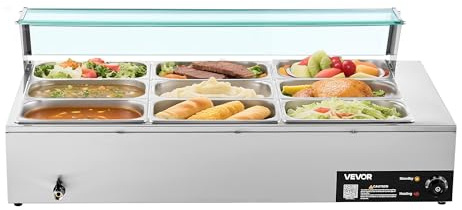 VEVOR kommerzieller Speisenwärmer (9 x 1/3 Größe Behälter), 1,5 kW elektrischer Wärmebehälter aus Edelstahl mit Glasabdeckung & Suppenkelle, Chafing Dishes für Catering Restaurant Party