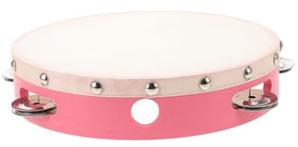 PERSELOSO Tamburin Ergonomisch Geformtes Handliches Musikinstrument aus Naturfarbenem Holz mit Rosa Ziegenleder Schadstofffrei und Sicher für Rhythmusförderung Tanz und Bühnenauftritte