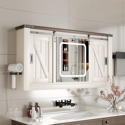 Ztexkee Spiegelschrank Bad mit Beleuchtung Hängend Scheunenschiebetür Badezimmer spiegelschrank mit Haartrocknerhalter und 5 Einstellbar Einlegeböden für Badezimmer,120x19x60 cm Off-White