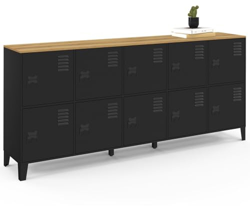 IDMarket – Aparador de armario 180 cm Ester 10 puertas de metal negro bandeja madera diseño industrial