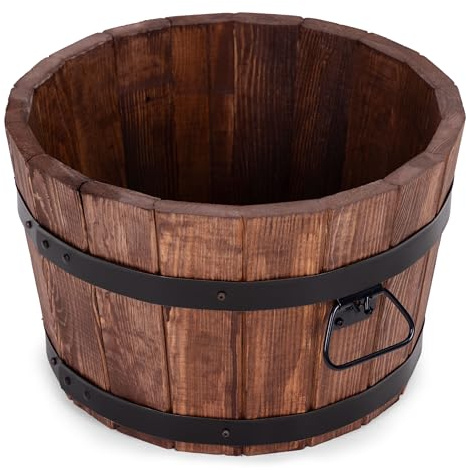 Drewdon Großer Holz Blumentopf Runder Garten Pflanzkübel mit Metallringen Dekoratives Holzfass als Pflanztopf Wetterfeste Blumenkübel für draußen Balkon Terrasse & Garten (braun, Ø50 x H31)