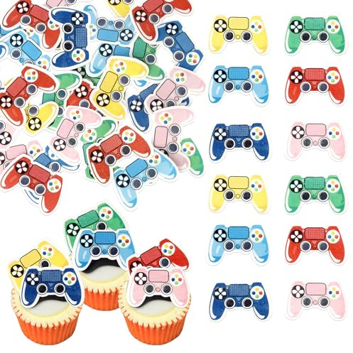 64 Pack Edible Video Game Controllers Cupcake Toppers Game On Controllers Cupcake Picks Edible GamePad Decorations for Baby Shower Kids Boys Girls Gamer Birthday Party Cake Decorations Supplies