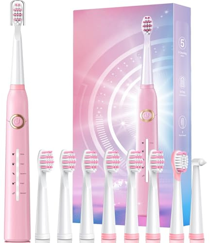 Cepillo de dientes sónico para adultos con 8 cabezales de cepillo, 40.000 VPM, 5 modos, 30 días de autonomía y carga rápida, IPX7 resistente al agua, color rosa