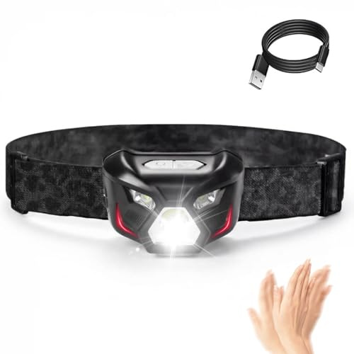 Rechargeable LED Headlamp with Red & White Light, Motion Sensor Hands-Free Head Torch for Adults | High Brightness Headlight for Running, Camping, Hunting, Hiking, Fishing, Work(Black Panther)