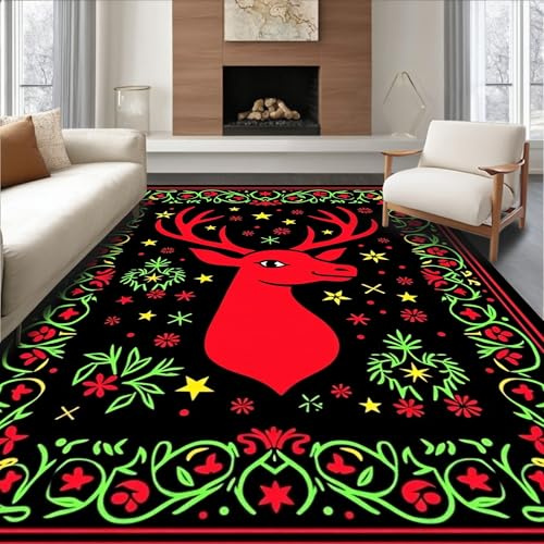 ODIKA Flatwoven High Traffic Area Rug 6x9, Jolly Reindeer Motif Punch Needle with Holiday Accents, Non Slip, Stain Resistant, Washable Area Rugs for Living Room, Bedroom (Red, 6x9, Pad)