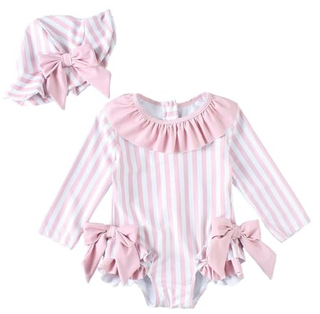 JENJON Traje de Baño a Rayas para Bebé Niña con Volantes Mangas Lindo Floral Traje de Baño de Una Pieza con Cremallera Protección UV y Gorro de Playa Verano Rayas Rosas 12-18 Meses