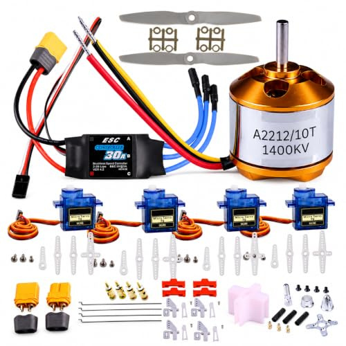DIY RC Airplane Kit A2212 KV1400 Motor, 30A ESC, 4 Servos, 2 Propellers | Complete kit includes 4 SG90 servos, XT60 connector, motor mount, Z-bend linkages, and all required linkage hardware.