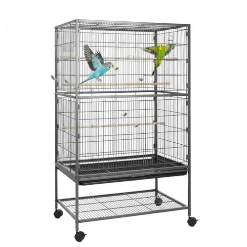 Mucola Vogelkäfig Zuchtkäfig Vogelvoliere Schublade 131x78x52 cm Stahl Grau | Für Wellensittiche und Finken, 4 Futternäpfe, Sitzstangen und Schaukel inklusive, pulverbeschichtet, Tür 20x24 cm