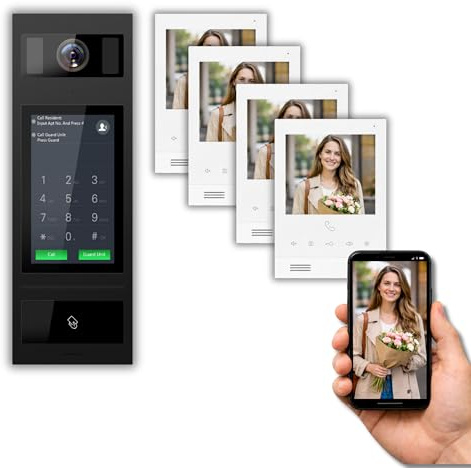 SCHUTZER Video-Türsprechanlage 1 Familienhaus, 2-Draht Bus Türsprechanlage mit Kamera, 7 Touch Außeneinheit, 4X 5 WiFi Innenmonitor, Videotürklingel mit Monitor, Türöffner & IC-Kartenfunktion