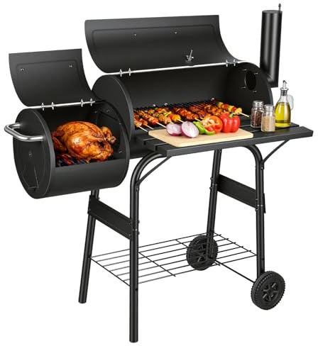 Peviasot träkolsmoker grill med lock och termometer, BBQ grillvagn med hjul, 2-kammare smoker för direkt och indirekt grillning, trädgårdsgrillgrill med hylla, svart